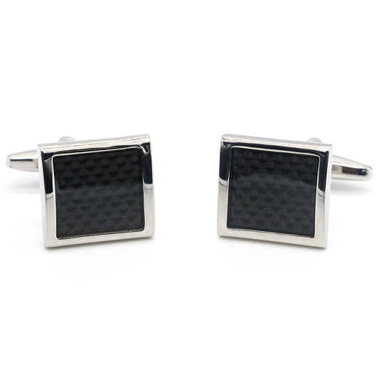 Silver Color Square Cufflinks with Black Carbon Fiber Center