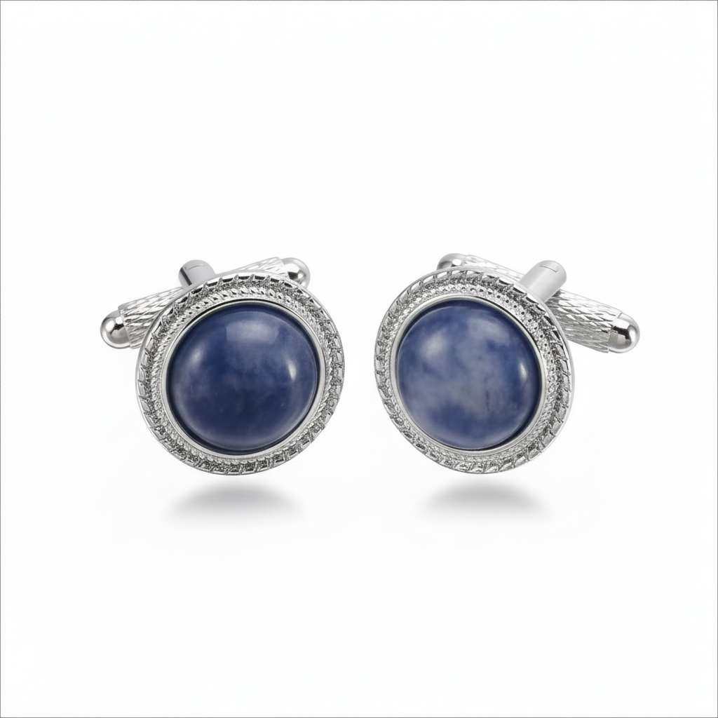 Silver Color Round Cufflinks with Blue Sodalite Stones