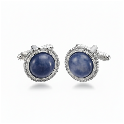 Silver Color Round Cufflinks with Blue Sodalite Stones