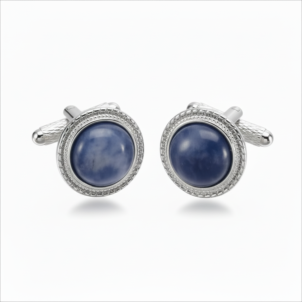 Silver Color Round Cufflinks with Blue Sodalite Stones