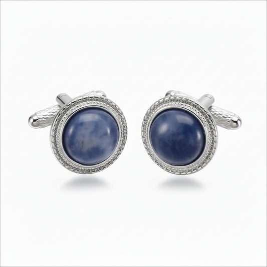 Silver Color Round Cufflinks with Blue Sodalite Stones