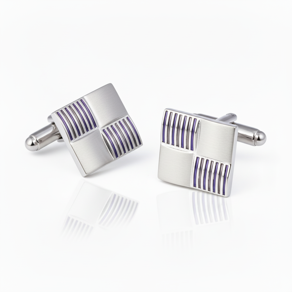 Shiny Silver Color and Purple Striped Squares Cufflinks