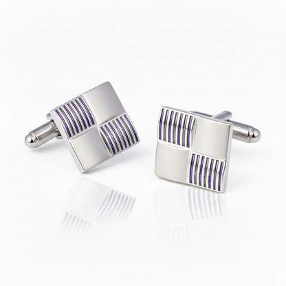 Shiny Silver Color and Purple Striped Squares Cufflinks