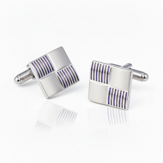 Shiny Silver Color and Purple Striped Squares Cufflinks