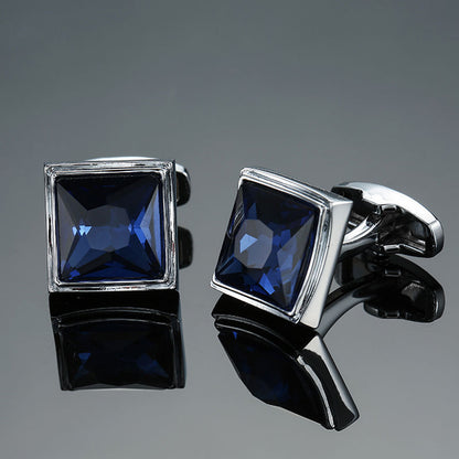 Silver Color Square Cufflinks with Large Blue Stone