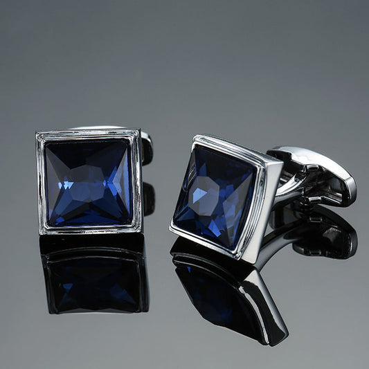 Silver Color Square Cufflinks with Large Blue Stone