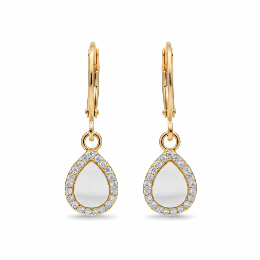 Surgical Steel Mother of Pearl Teardrop Shaped Earrings with CZ Border