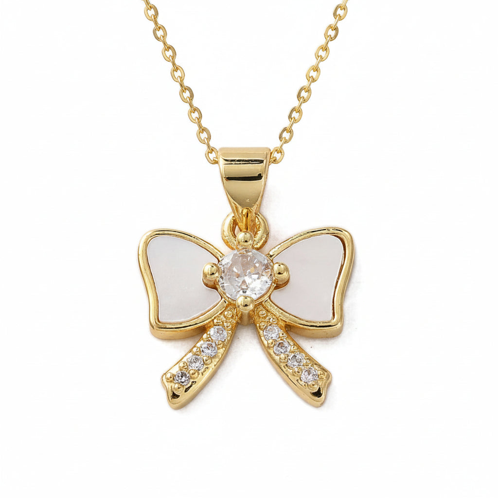 Gold Plated Shell Pearl and CZ Bowknot Pendant Necklace