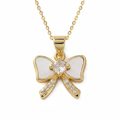Gold Plated Shell Pearl and CZ Bowknot Pendant Necklace