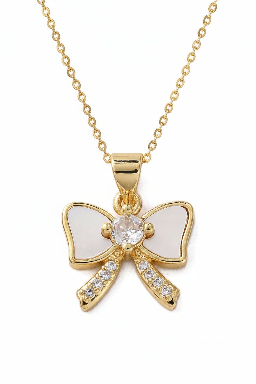 Gold Plated Shell Pearl and CZ Bowknot Pendant Necklace
