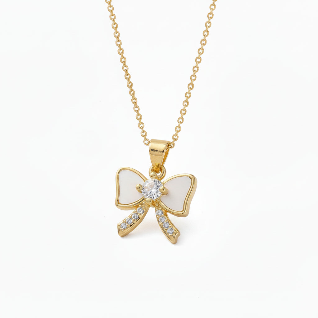 Gold Plated Shell Pearl and CZ Bowknot Pendant Necklace