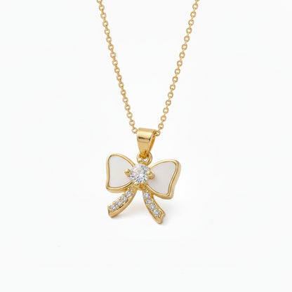 Gold Plated Shell Pearl and CZ Bowknot Pendant Necklace