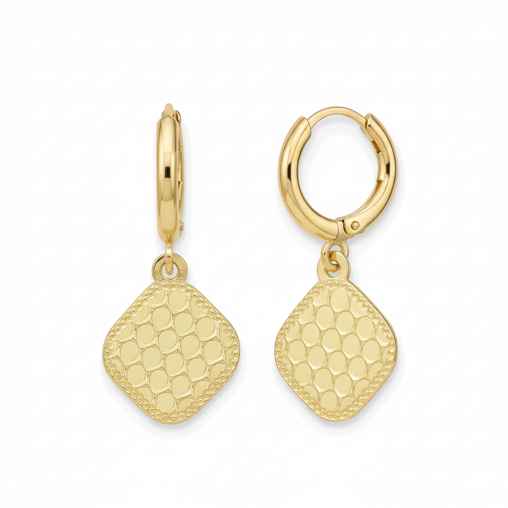 Gold Plated Surgical Steel Textured Square Dangle Earrings