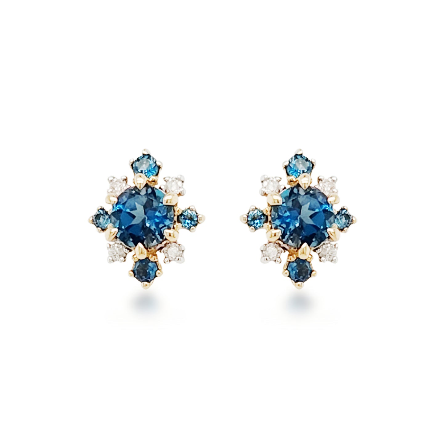 14K Gold Diamond with Light Blue Topaz Stones Stud Earrings