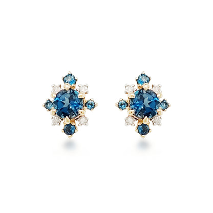 14K Gold Diamond with Light Blue Topaz Stones Stud Earrings