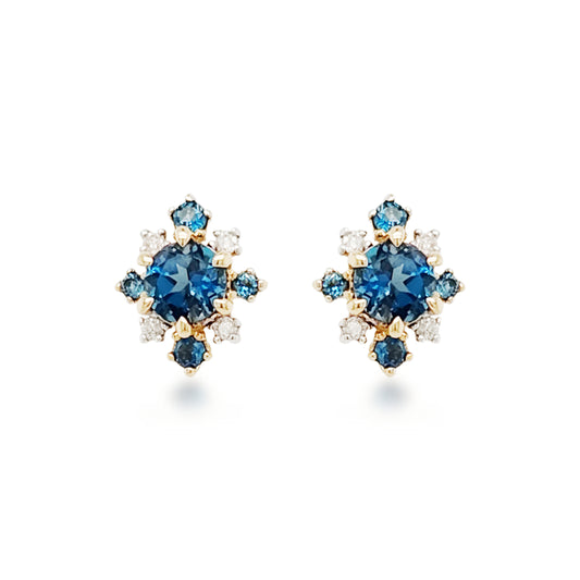 14K Gold Diamond with Light Blue Topaz Stones Stud Earrings