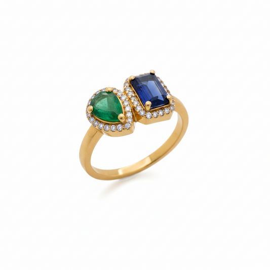 14K Gold Sapphire, Emerald, and Diamond Shape Ring