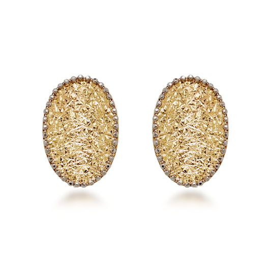 14K Gold Hammered Oval Diamond Cut Stud Earrings