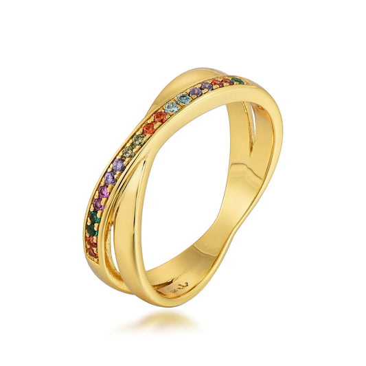 Gold Plated Sterling Silver Micropave Crossover Multicolor CZ Ring