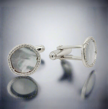 Sterling Silver CZ Border Mother of Pearl Cufflink