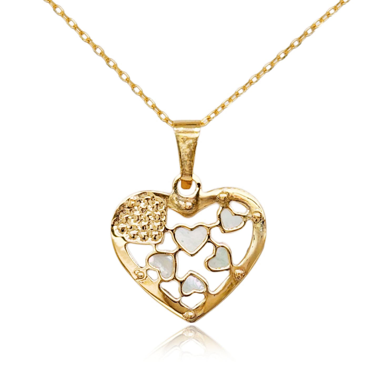 14k Gold Mother of Pearl Hearts Pendant Necklace