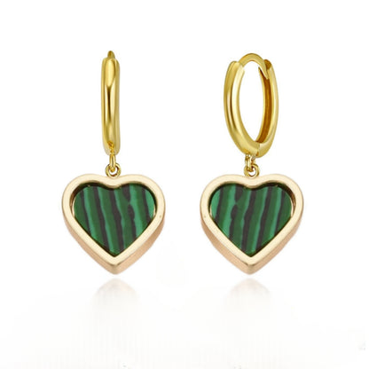 Gold Plated Malachite Framed Heart Surgical Steel Earrings