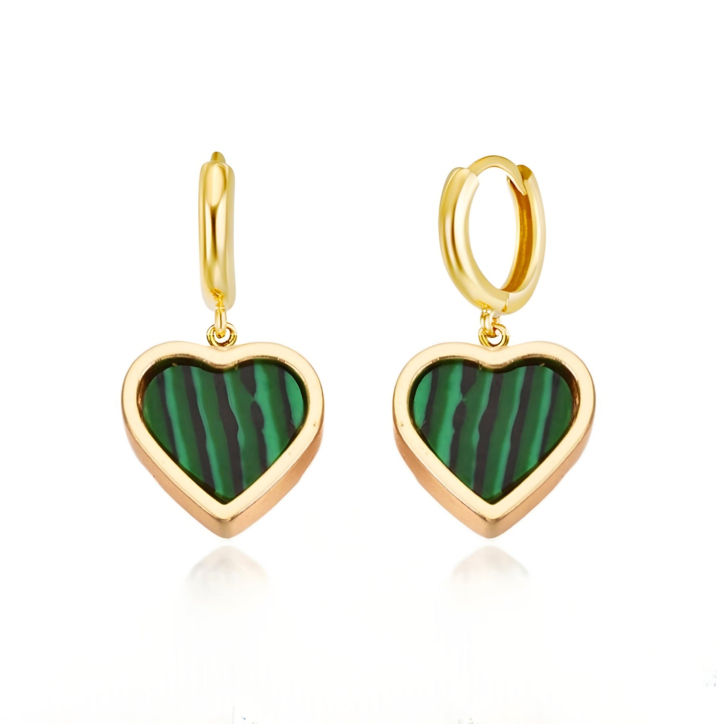 Gold Plated Malachite Framed Heart Surgical Steel Earrings