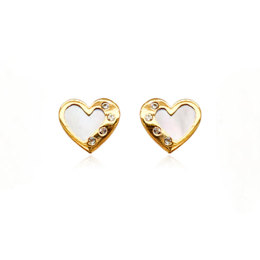 14k Gold Mother of Pearl With CZ's Small Heart Stud Earrings