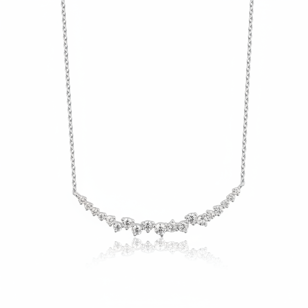 Sterling Silver Sprinkled CZ Curved Bar Necklace