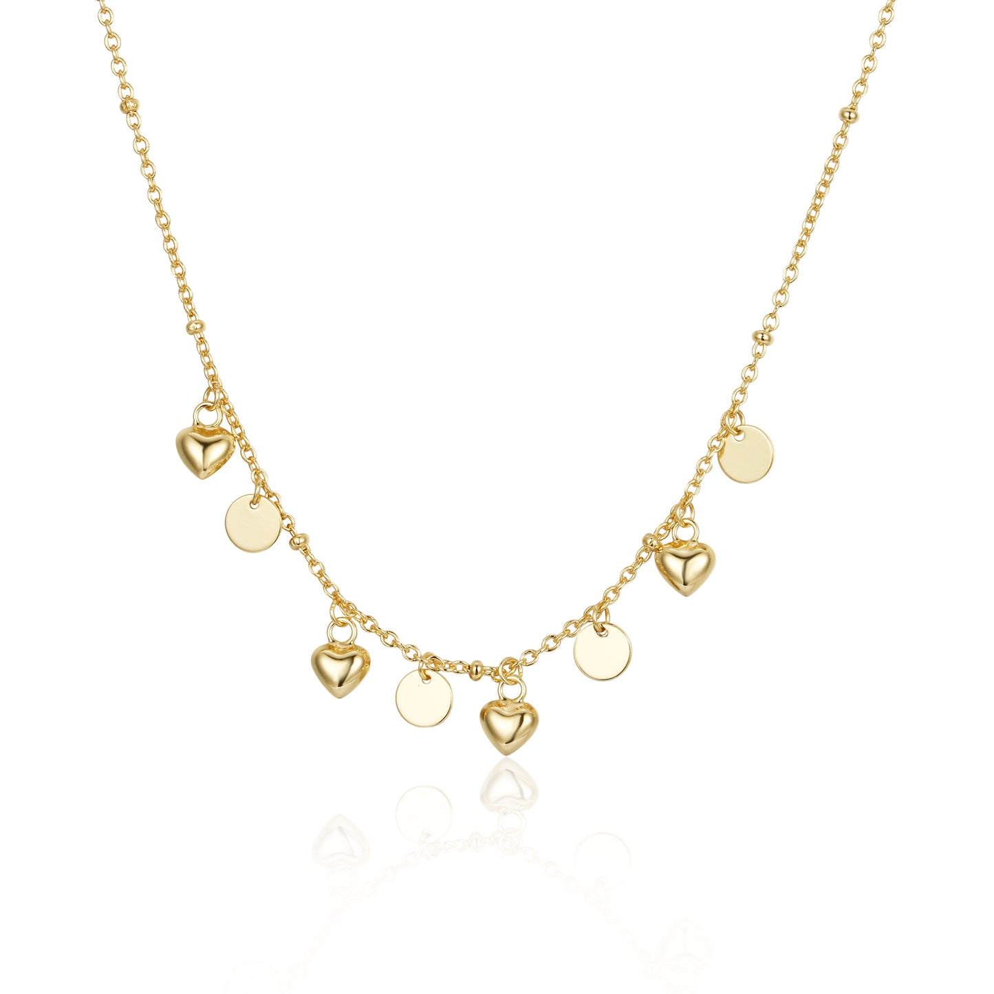 Sterling Silver Gold Plated Dangling Circles and Hearts Necklace