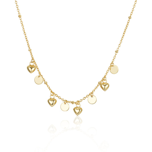 Sterling Silver Gold Plated Dangling Circles and Hearts Necklace