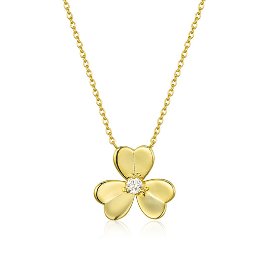Gold Plated Sterling Silver Three Leaf Flower With Center CZ Necklace