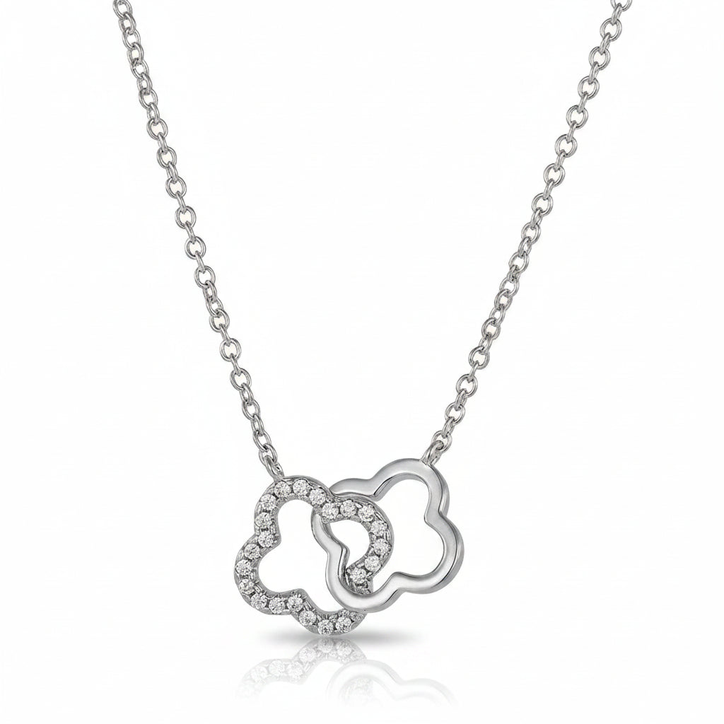 Sterling silver interlocking clover pendant necklace with pavé CZ, cable chain