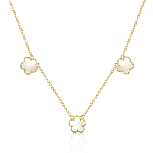 Gold Plated Sterling Silver Mother of Pearl Three Flower Necklace