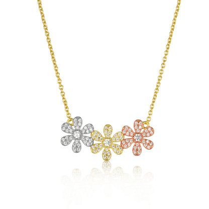 Sterling Silver Micropave CZ Triple Flower Necklace