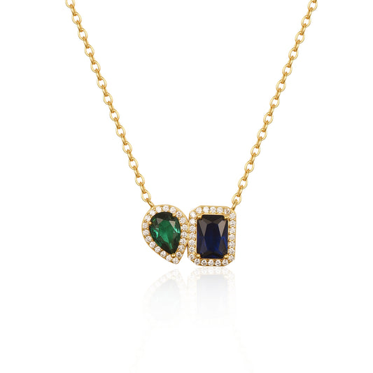 Sterling Silver Gold Plated Emerald and Sapphire CZ Shape Necklace