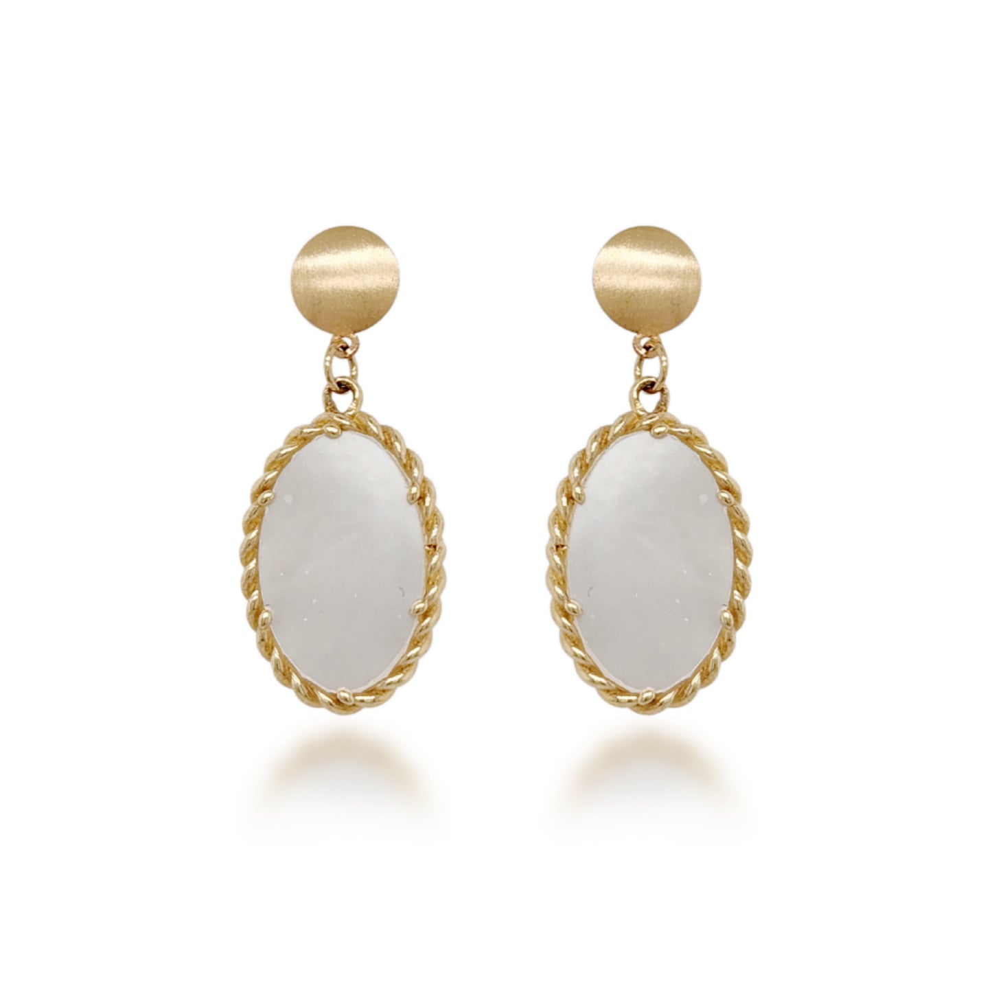 14K Gold Hanging Oval Mother of Pearl With Beaded Border Earrings