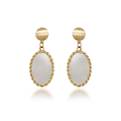 14K Gold Hanging Oval Mother of Pearl With Beaded Border Earrings