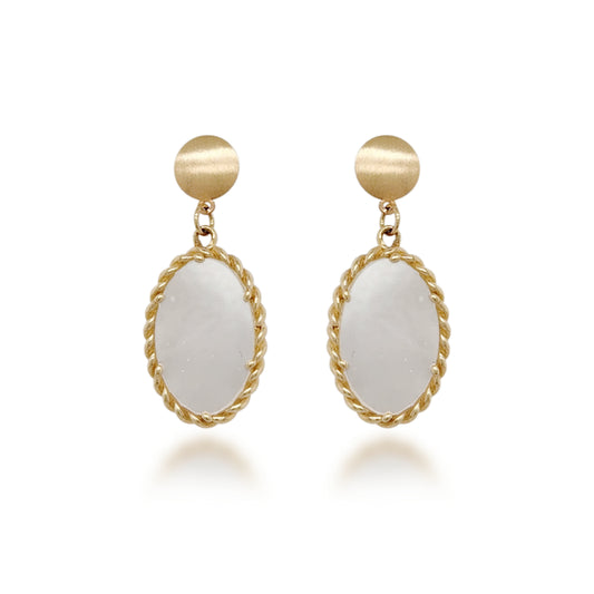 14K Gold Hanging Oval Mother of Pearl Earrings