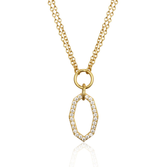 Sterling Silver Gold Plated Hexagon Shape on Double Chain Necklace