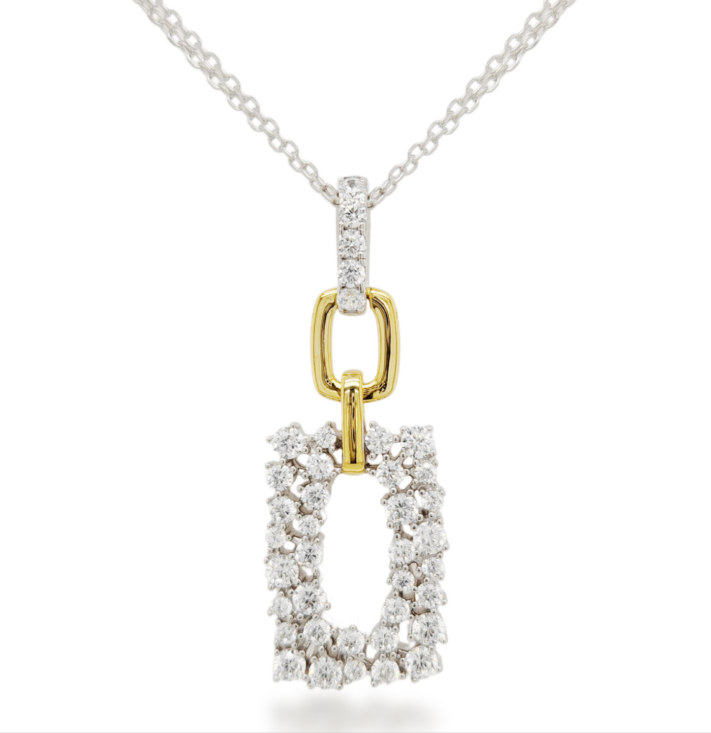 Sterling Silver Rectangular Shaped CZ Two Tone Necklace