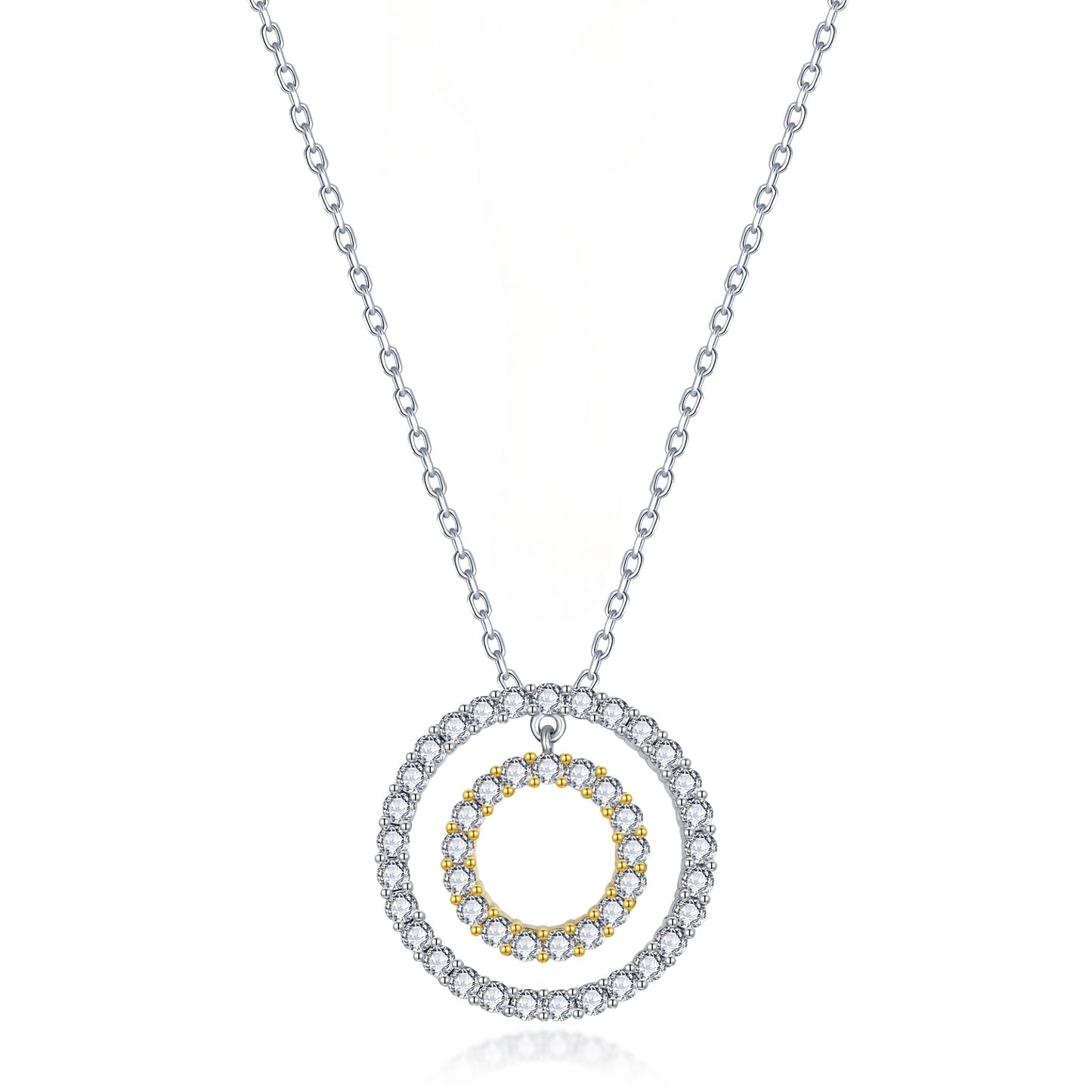 Sterling Silver Two Tone Double Circle Pendant On Diamond Cut Chain