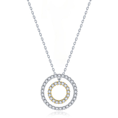 Sterling Silver Two Tone Double Circle Pendant On Diamond Cut Chain