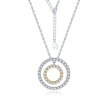 Sterling Silver Two Tone Double Circle Pendant On Diamond Cut Chain