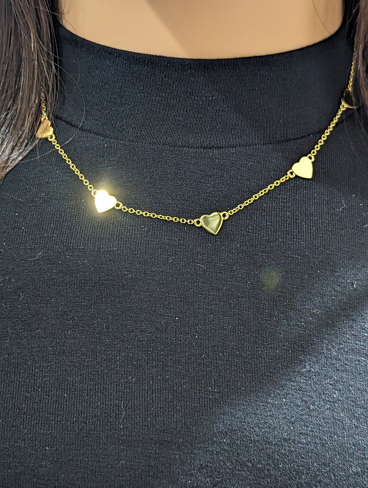 Gold Plated Sterling Silver Shiny Heart Station Necklace
