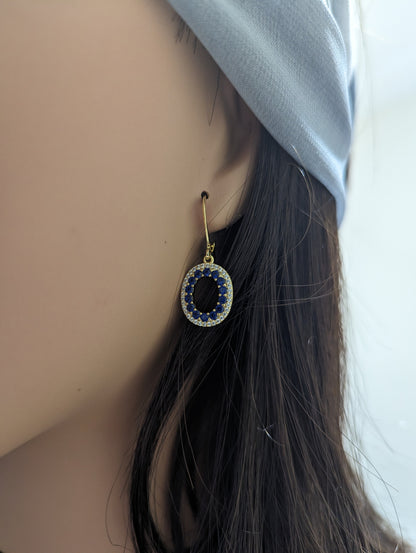 Gold-Plated Hanging Oval with Sapphire CZs on Surgical Leverback Earrings