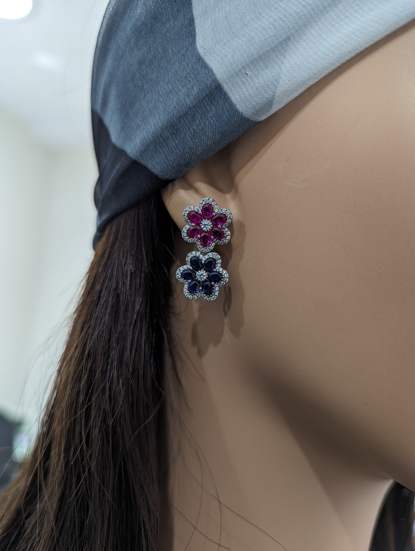 Sterling Silver Sapphire and Ruby Colored CZ Double Flower Earring
