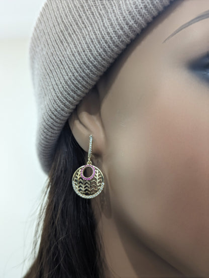Sterling Silver Gold Plated Circle With Clear and Ruby CZs Earring