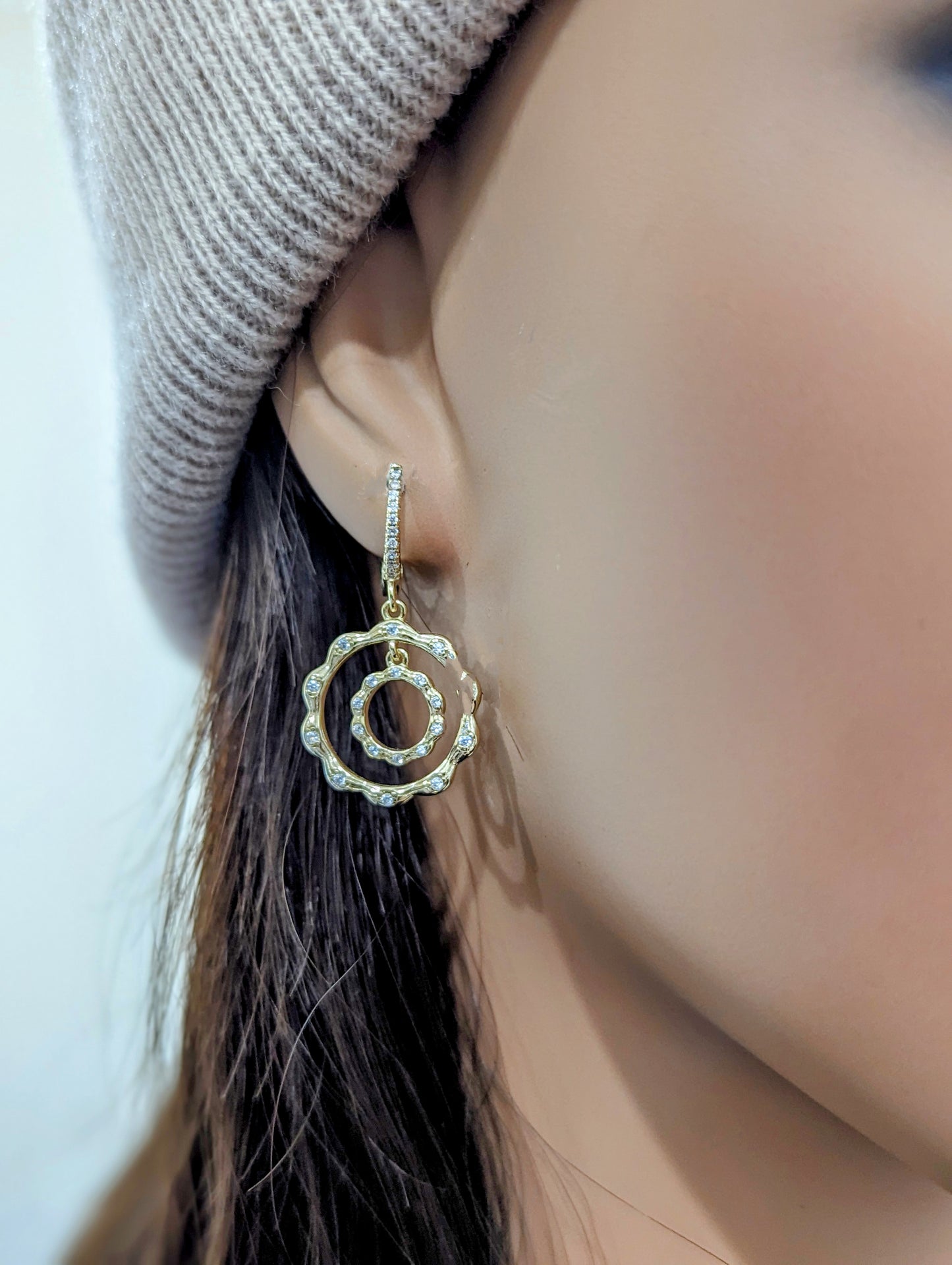 Gold Plated Sterling Silver Circle Within a Circle CZ Earrings