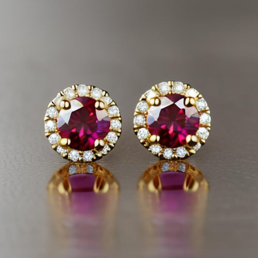 Gold Plated Surgical Steel Halo Ruby CZ Stud Earrings